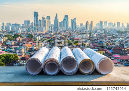 A stack of blueprints is on a ledge in front of a city skyline A stack of blueprints is on a ledge in front of a city skyline 133743934