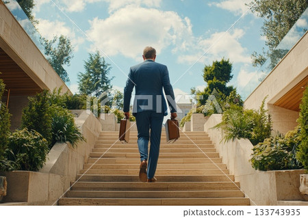 A man in a suit is walking up a set of stairs with two briefcases A man in a suit is walking up a set of stairs with two briefcases 133743935