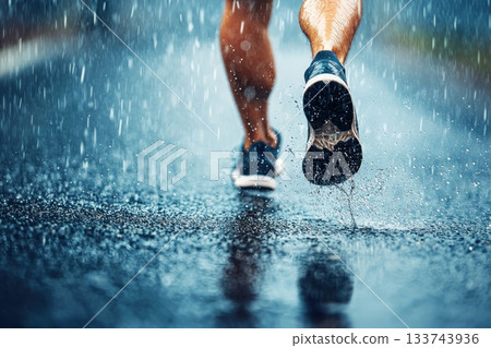 A person running in the rain with their feet splashing water A person running in the rain with their feet splashing water 133743936