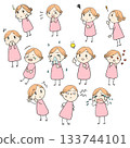 Loose and cute female mini character illustration. Various facial expressions set. Color 133744101