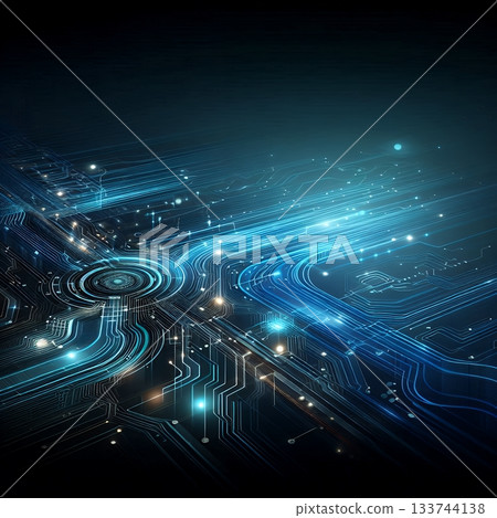 Futuristic blue technology background with fast data lines and digital circuit globe in cyberspace. 133744138