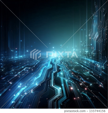 Futuristic blue technology background with fast data lines and digital circuit globe in cyberspace. 133744156