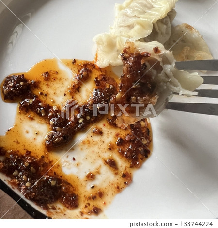 Shumai shrimp with sauce, Steamed shrimp dumplings dim or dim sum and vegetable on wooden table, Cantonese Dimsum food cuisine for breakfast, Chinese traditional food. 133744224