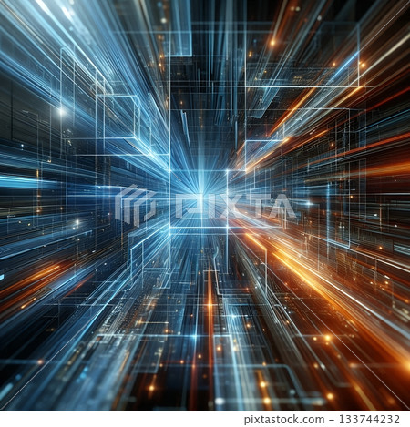 Futuristic technology cityscape with blue and orange neon lights, digital data network architecture, abstract urban background. 133744232