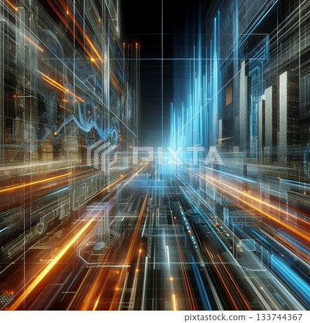 Futuristic technology cityscape with blue and orange neon lights, digital data network architecture, abstract urban background. 133744367