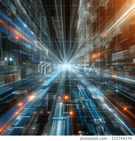 Futuristic technology cityscape with blue and orange neon lights, digital data network architecture, abstract urban background. 133744374