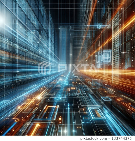 Futuristic technology cityscape with blue and orange neon lights, digital data network architecture, abstract urban background. Futuristic technology cityscape with blue and orange neon lights, digital data network architecture, abstract urban background. 133744375