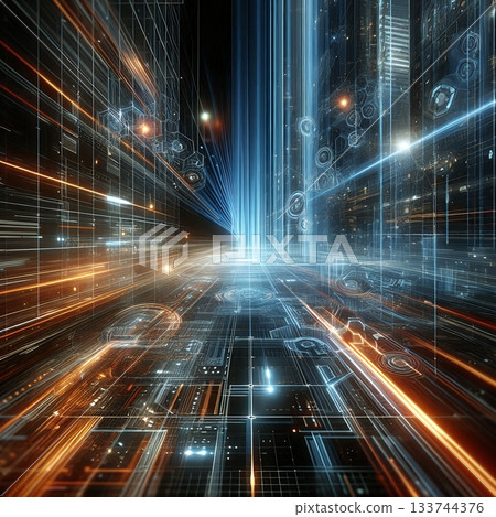 Futuristic technology cityscape with blue and orange neon lights, digital data network architecture, abstract urban background. 133744376