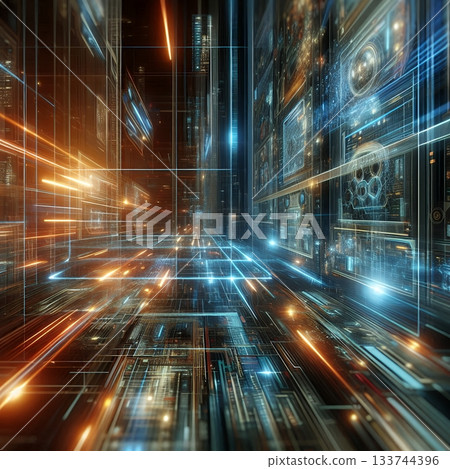 Futuristic Digital Data Stream in High-Tech Server Room. 133744396
