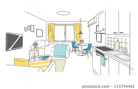 Stylish interior illustration of a one-room apartment for single living 133744482