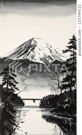 冬日富士山倒映在湖面上,呈現水墨畫風格。 冬日富士山倒映在湖面上,呈現水墨畫風格。 133744515
