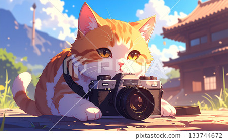 一隻貓拿著相機拍照的插圖 一隻貓拿著相機拍照的插圖 133744672
