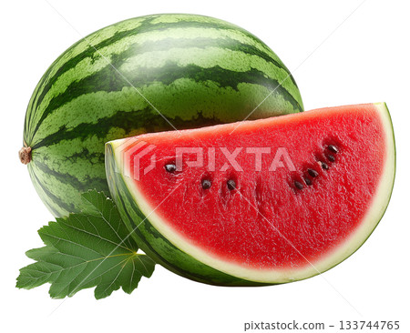 watermelon with half and leaf. watermelon with half and leaf. 133744765