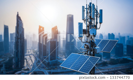 Solar cell with antenna network on city, future technology renewable energy. 133744770