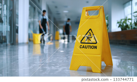 Caution wet floor sign with cleaners team wiping dust and mopping office service. 133744771