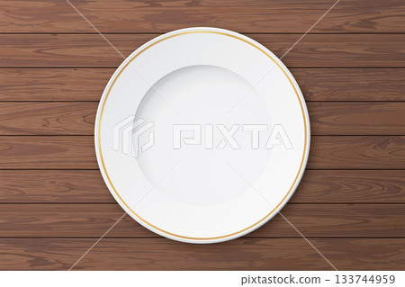 Top view of blank white circle plate with golden porder place on wooden table background Top view of blank white circle plate with golden porder place on wooden table background 133744959