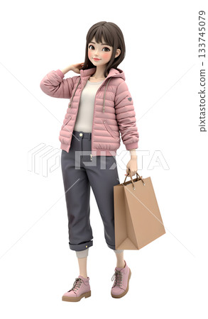3D卡通人物女性開心的拿著購物袋，商店銷售、特賣行銷、百貨公司、購物節橫幅廣告海報宣傳單素材圖片 133745079