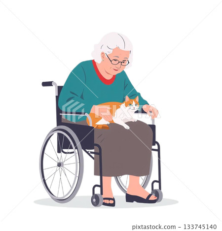 一位老婦人坐在輪椅上,輕輕撫摸著蜷縮在她腿上的貓。背景是透明的。 一位老婦人坐在輪椅上,輕輕撫摸著蜷縮在她腿上的貓。背景是透明的。 133745140