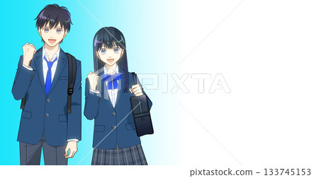 動漫風格的插圖，描繪了背著背包和書包的高中或初中男女學生，背景為漸變色。 133745153