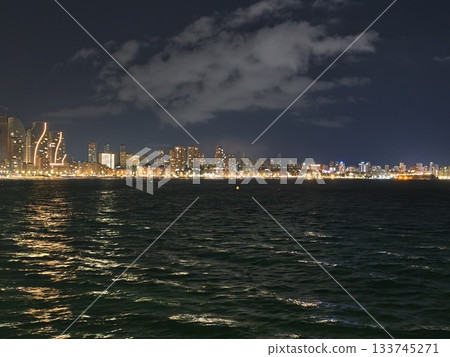 night sea scene, open ocean with distant city, expansive waters at night with city glow on horizon 133745271