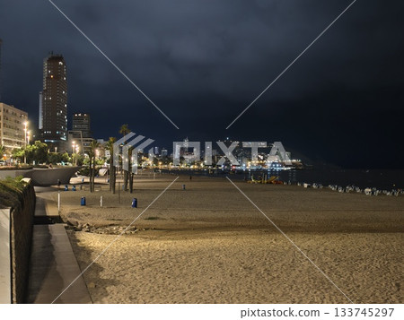 stroll by palms with city lights nearby, walkway lined with palms and illuminated city backdrop stroll by palms with city lights nearby, walkway lined with palms and illuminated city backdrop 133745297