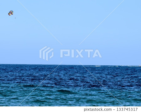 lone bird soars over ocean, quiet seabird gracefully soaring over endless and boundless sea area 133745317
