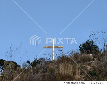 tranquil grassy area with clear sky, peaceful open space featuring sparse vegetation and blue tranquil grassy area with clear sky, peaceful open space featuring sparse vegetation and blue 133745336