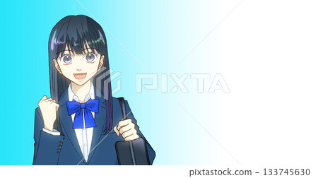 動漫風格插畫，描繪了一位面帶微笑的高中或國中女生，她背著書包，背景為漸變色。 133745630