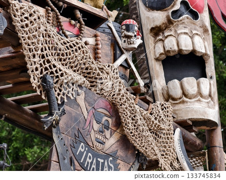 decorative wooden totem with fishing elements, weathered wooden skull sculpture with fishing net decorative wooden totem with fishing elements, weathered wooden skull sculpture with fishing net 133745834