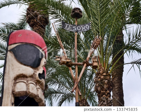 pirate treasure scene, coastal treasure with skulls and palm, rustic treasure display under cloudy pirate treasure scene, coastal treasure with skulls and palm, rustic treasure display under cloudy 133745835
