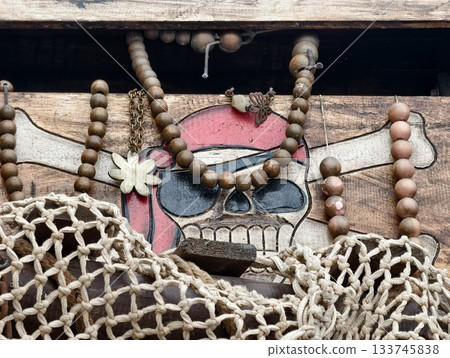 vintage coastal pendant, rustic skull art piece, handcrafted wooden skull with beads and floral vintage coastal pendant, rustic skull art piece, handcrafted wooden skull with beads and floral 133745838