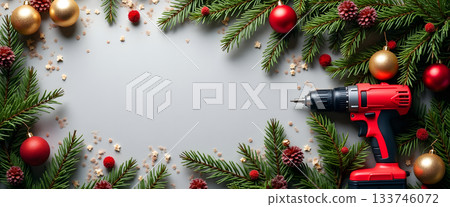 Screwdriver with Pine Branches and Festive Lights Creating a Cozy Christmas Atmosphere Screwdriver with Pine Branches and Festive Lights Creating a Cozy Christmas Atmosphere 133746072