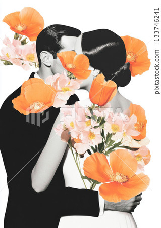 Romantic collage of kissing couple surrounded by vibrant flowers, conceptual 133746241