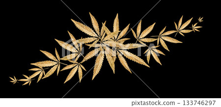 Abstract banner golden leaves cannabis marijuana fly on black background. Legalization medical hemp. Minimalist product mockups. Minimal branding creative trend, banner. High quality photo Abstract banner golden leaves cannabis marijuana fly on black background. Legalization medical hemp. Minimalist product mockups. Minimal branding creative trend, banner. High quality photo 133746297