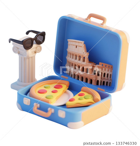 Rome 3D icon with suitcase containing Colosseum, pizza slices, Roman column, and sunglasses, isolated on white Rome 3D icon with suitcase containing Colosseum, pizza slices, Roman column, and sunglasses, isolated on white 133746330