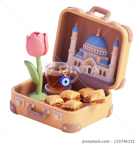 3D icon of Istanbul suitcase with tulip, mosque model, Turkish tea with evil eye charm, baklava, isolated on white 3D icon of Istanbul suitcase with tulip, mosque model, Turkish tea with evil eye charm, baklava, isolated on white 133746332