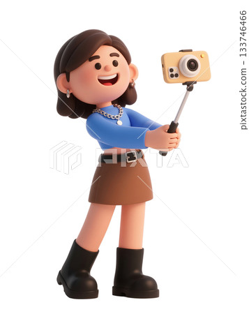 3D cartoon stylish girl taking selfie with camera on stick, influencer content creation, isolated on white background 133746466