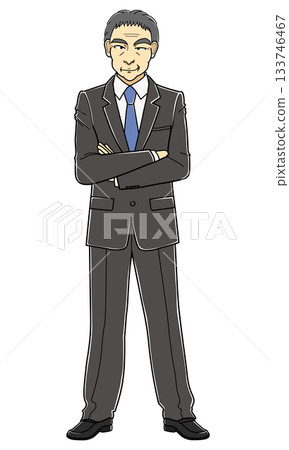 A middle-aged man in a suit with his arms crossed and grinning 133746467