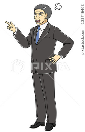 一位身穿西裝的憤怒中年男子指著前方。 133746468