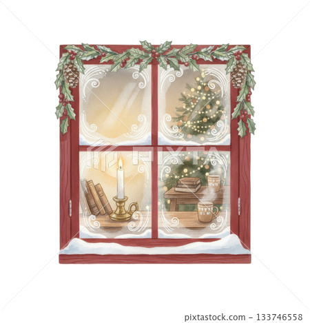 手繪聖誕櫥窗、蠟燭和聖誕樹插圖 手繪聖誕櫥窗、蠟燭和聖誕樹插圖 133746558