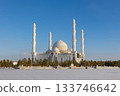 Panoramic view of snow-white modern Hazaret Sultan mosque sunny morning, Nur-Sultan, Astana, Kazakhstan. . High quality photo 133746642
