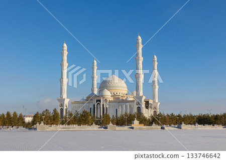 Panoramic view of snow-white modern Hazaret Sultan mosque sunny morning, Nur-Sultan, Astana, Kazakhstan. . High quality photo 133746642