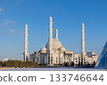 Panoramic view of snow-white modern Hazaret Sultan mosque sunny morning, Nur-Sultan, Astana, Kazakhstan. . High quality photo 133746644