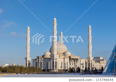 Panoramic view of snow-white modern Hazaret Sultan mosque sunny morning, Nur-Sultan, Astana, Kazakhstan. . High quality photo Panoramic view of snow-white modern Hazaret Sultan mosque sunny morning, Nur-Sultan, Astana, Kazakhstan. . High quality photo 133746644