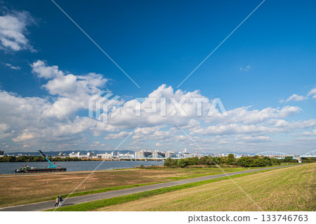 Yodogawa River Park, Kema District, view from the embankment, Osaka City Yodogawa River Park, Kema District, view from the embankment, Osaka City 133746763