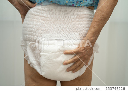 Asian senior woman patient wearing incontinence diaper. 133747226
