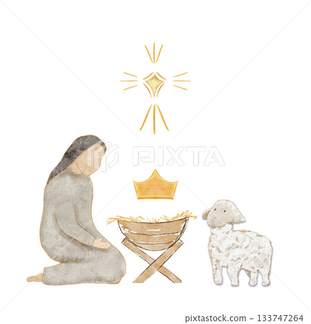 Kneeling Mary beside a manger, crown, lamb and glowing golden star. Hand-painted watercolor nativity illustration isolated on white, scene ideal for Christmas cards, devotionals, and holiday designs Kneeling Mary beside a manger, crown, lamb and glowing golden star. Hand-painted watercolor nativity illustration isolated on white, scene ideal for Christmas cards, devotionals, and holiday designs 133747264