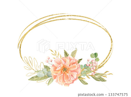 Peony flowers, peach tones, green leaves, berries watercolor frame isolated on white. Hand-painted golden detail, perfect for wedding invitations, branding, packaging, fabric design, cards. Horizontal 133747575