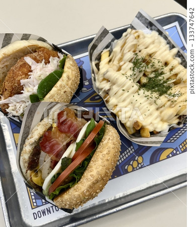 A classic combination of a juicy burger with fresh toppings served alongside golden, crispy French fries. Perfect for a satisfying meal that blends savory flavors and crunchy textures. 133747642