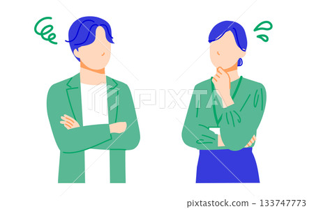 一幅描繪兩位表情憂慮的商務人士（一男一女）的插畫。扁平化設計。 133747773